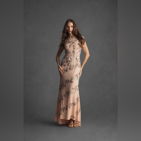 MAC DUGGAL Pink Embellished Bateau Neck Cap Sleeve Floral Beaded Trumpet Gown 2 - Picture 3 of 15